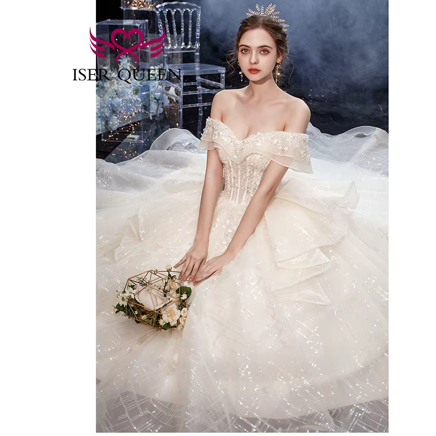 Robe de mariée personnalisée en tulle à paillettes brillantes, nouvelle collection Europe 2026, épau