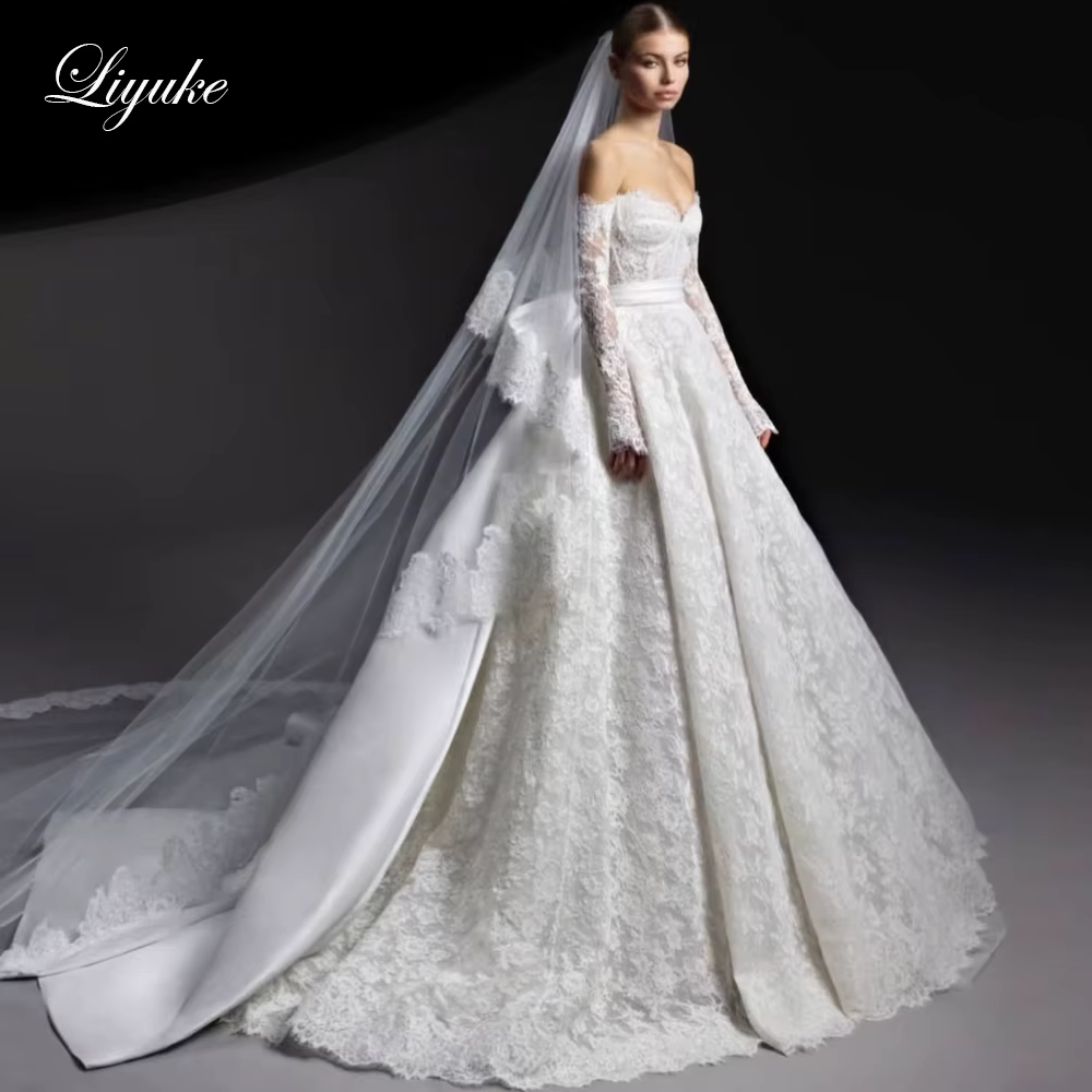 Liyuke sur mesure chérie a-ligne robe de mariée hors de l'épaule pleine dentelle robes de mariée ave