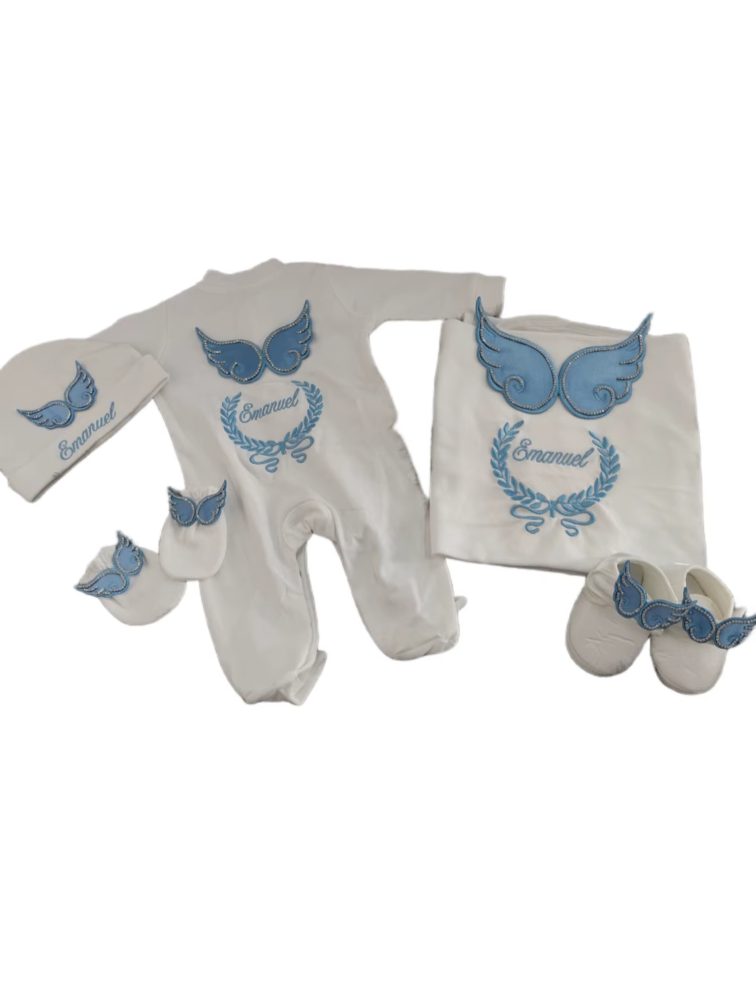 Ensemble de vêtements pour nouveau-né avec des ailes d'ange - Layette pour bébé brodée blanche et bl