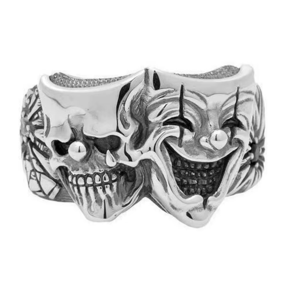 Nouvelle bague ajustable rétro argentée à deux faces Joker pour hommes, tendance punk gothique rock,