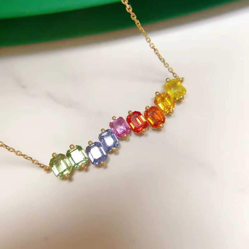 Collier en Zircon de différentes couleurs naturelles, bijoux fins, or jaune massif 18k, arc-en-ciel 