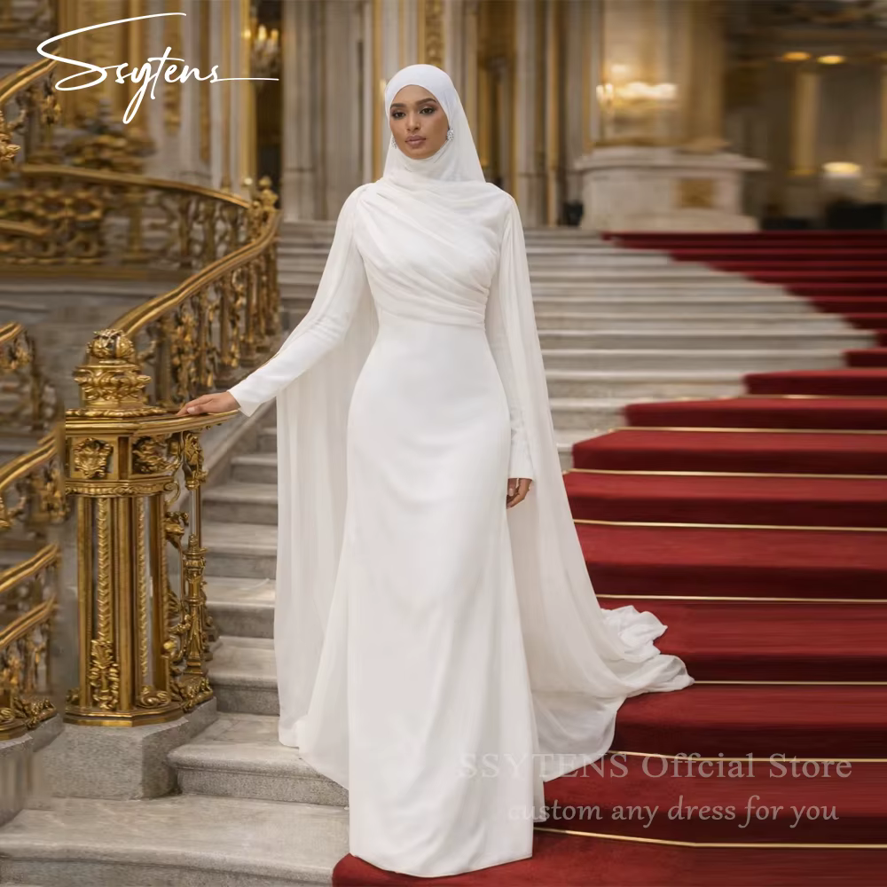 Robes de mariée arabes SSYTENS, modestes, col rond, sur mesure, longueur ras du sol, coupe sirène, m