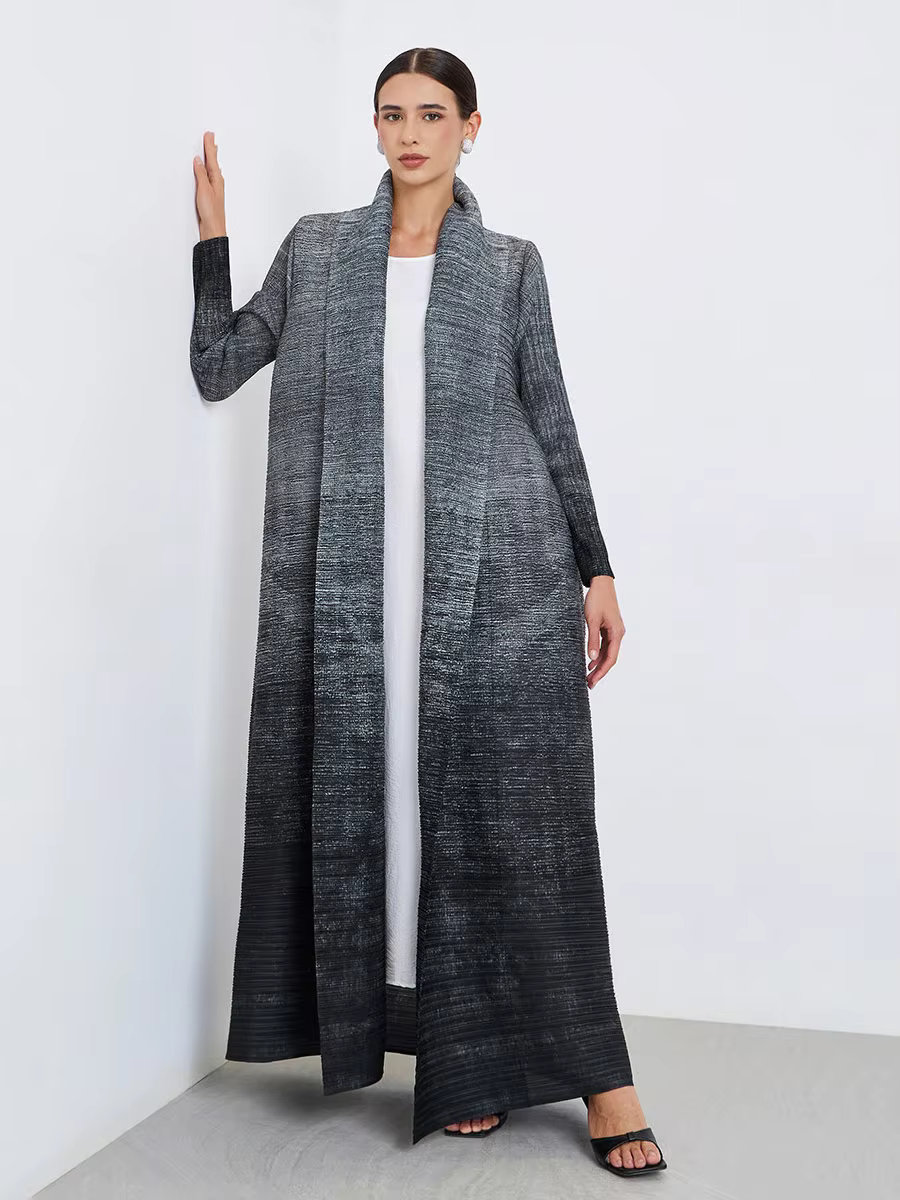 Abaya plissé dégradé gris noir, taille ceinturée, tissu doux, Robe élégante, tendance, décontracté, 
