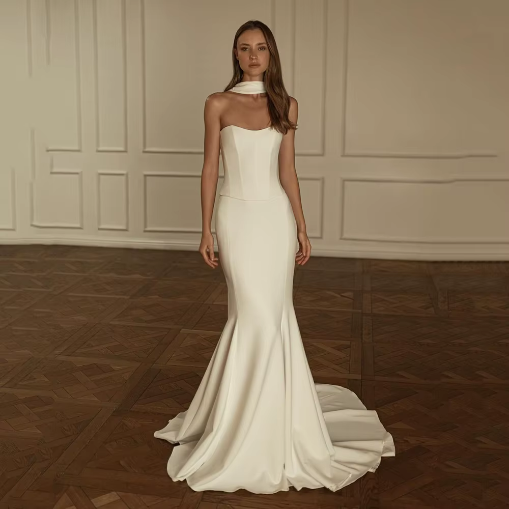 Verngo-Robe de Mariée Sirène en Crêpe Sans Bretelles, Vêtement Formel et Élégant, avec Traîne, pour 