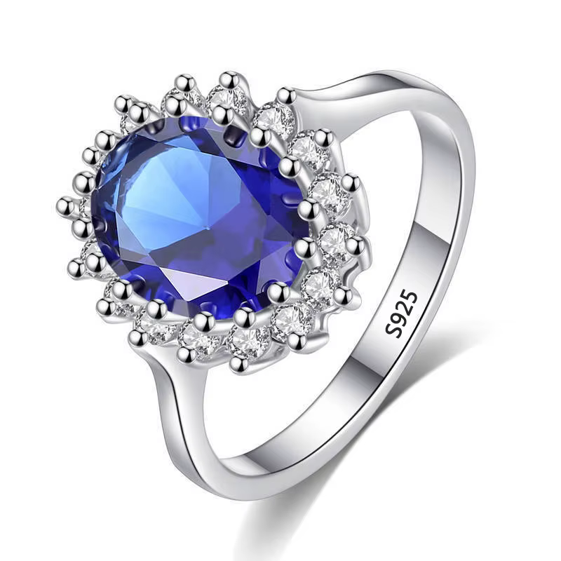 Bague princesse Kate Blue Gem pour femme, cristal bleu créé, document en argent original, doigt de m