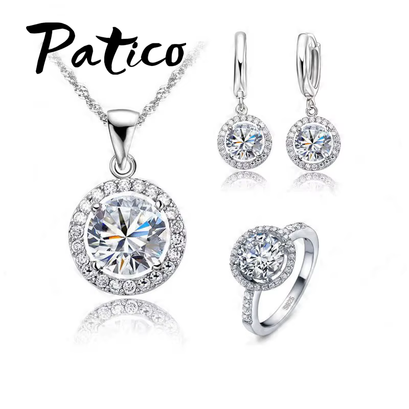 Ensemble de bijoux de mariée de luxe pour femmes, collier, boucles d'oreilles, bague, en argent Ster
