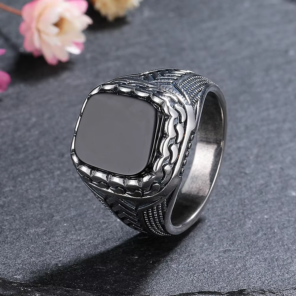 Bague vintage en pierre d'agate noire naturelle 10*12mm pour hommes et femmes, bijoux plaqués argent