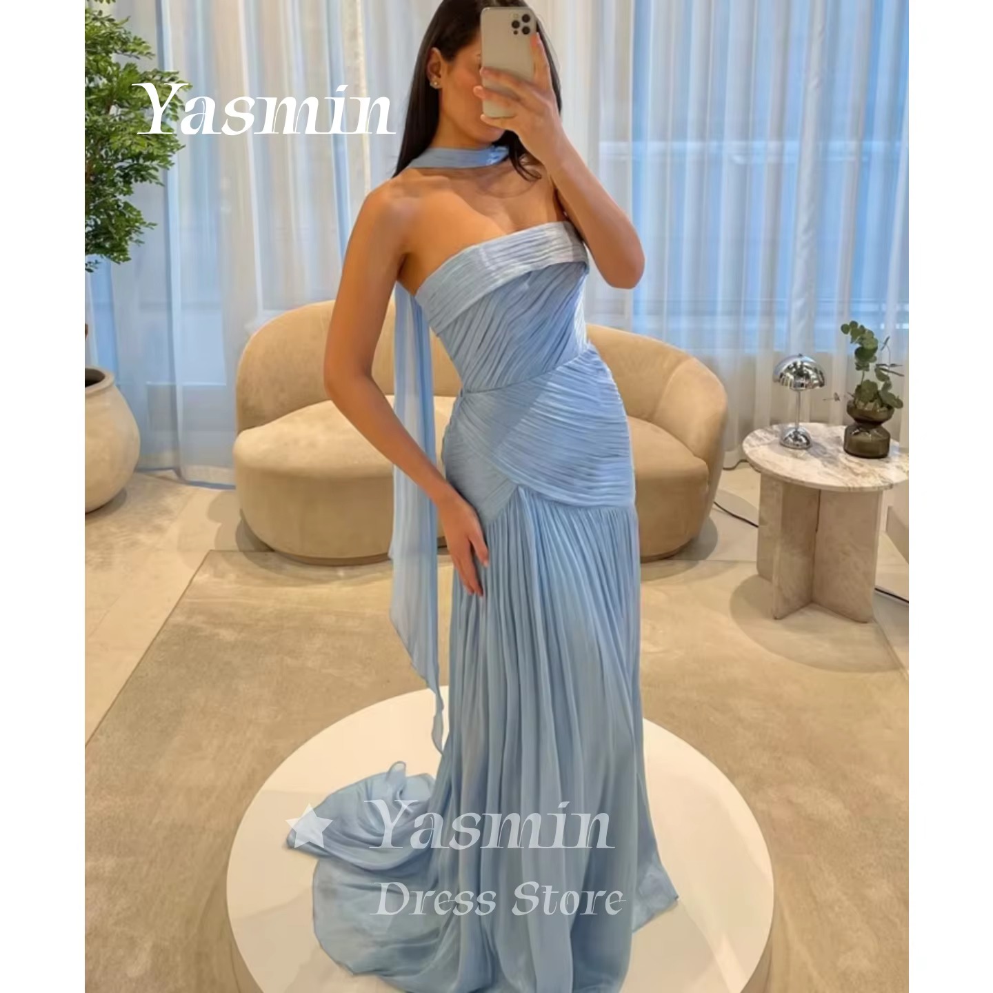 Robe de soirée en mousseline bleu ciel scintillante, col halter, plissée et drapée, pour bal de prom
