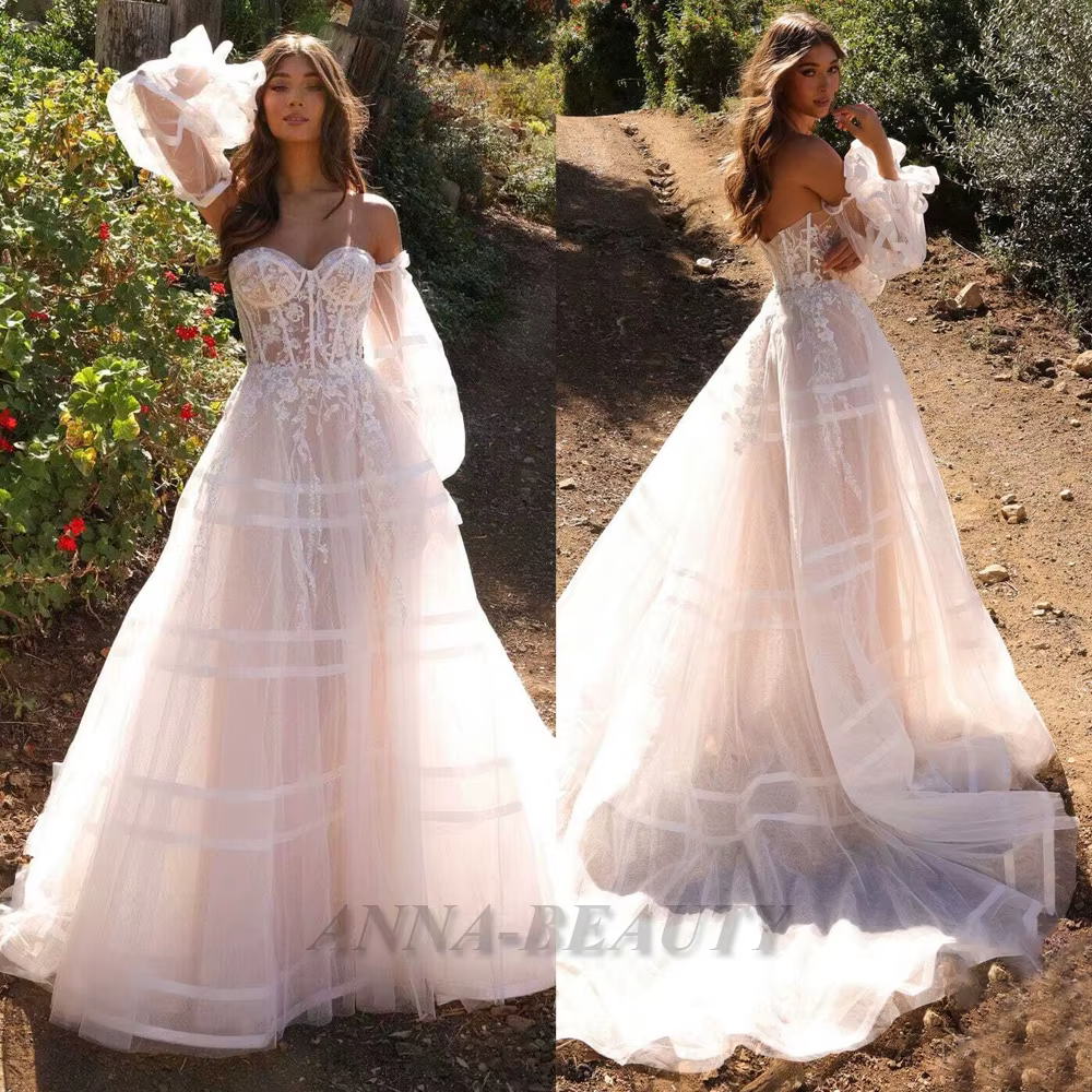Anna conte de fées une ligne robe de mariée pour mariée manches longues Appliques Tulle plis brosse 