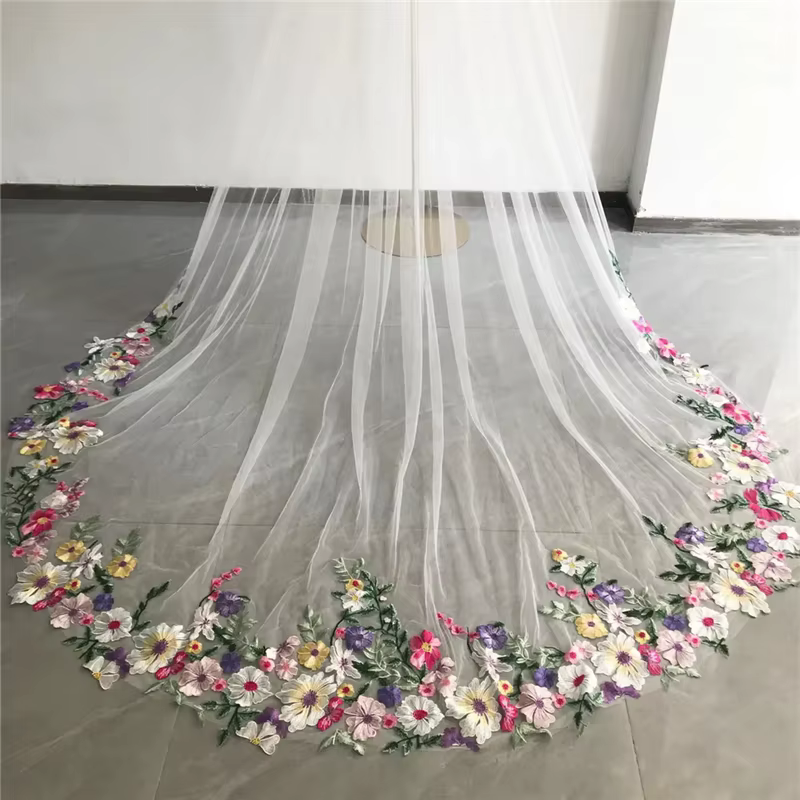 Voiles de mariée de mariage cathédrale florale colorée avec peigne, accessoires longs, mariées uniqu