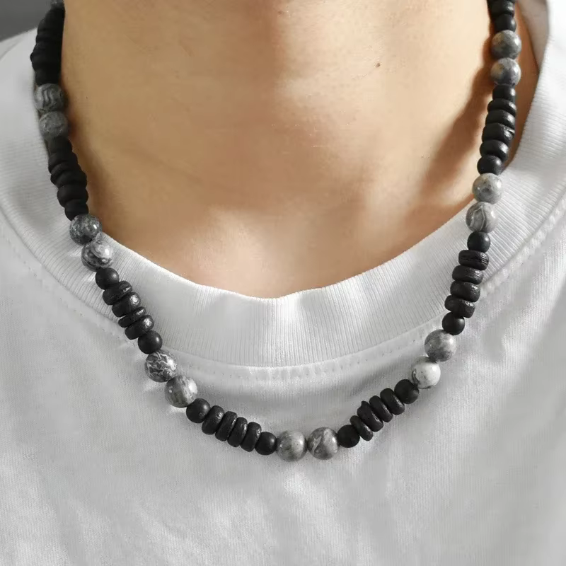 Collier de Surfeur Bohème pour Homme, Perles Rondes Simples en Pierre, Tribal Ethnique, Coquillage A