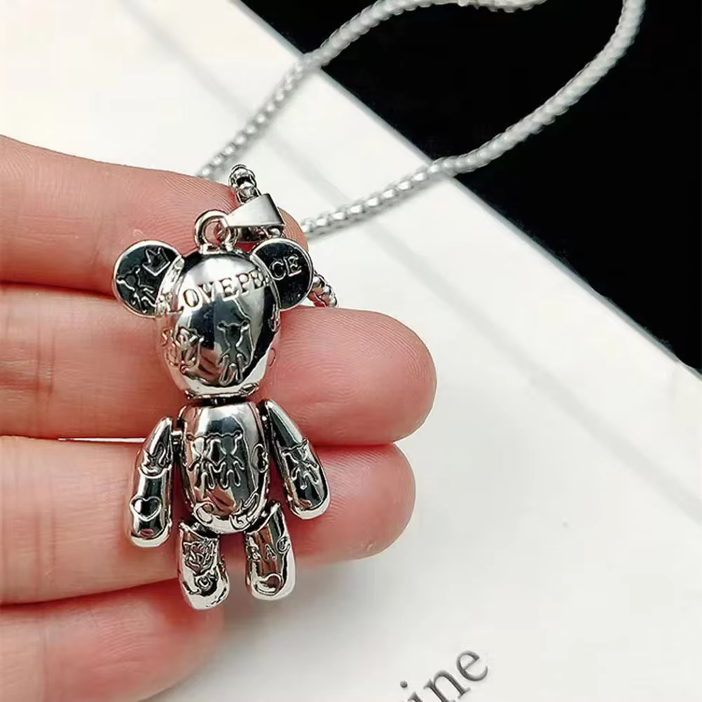 Collier avec pendentif ours en peluche avec lettres imprimées personnalisées, chaîne en acier inoxyd
