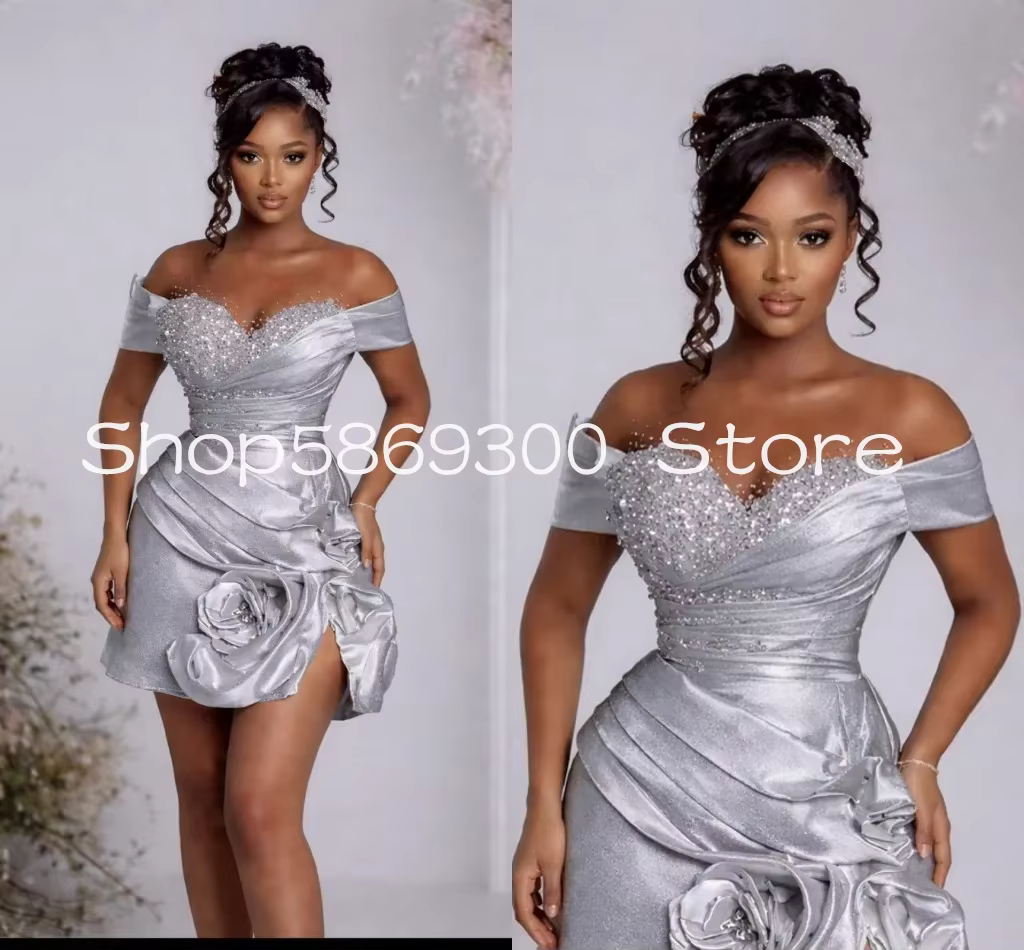 Robes longues en satin argenté pour demoiselles d'honneur, pour mariage, paillettes, plis perlés, fl