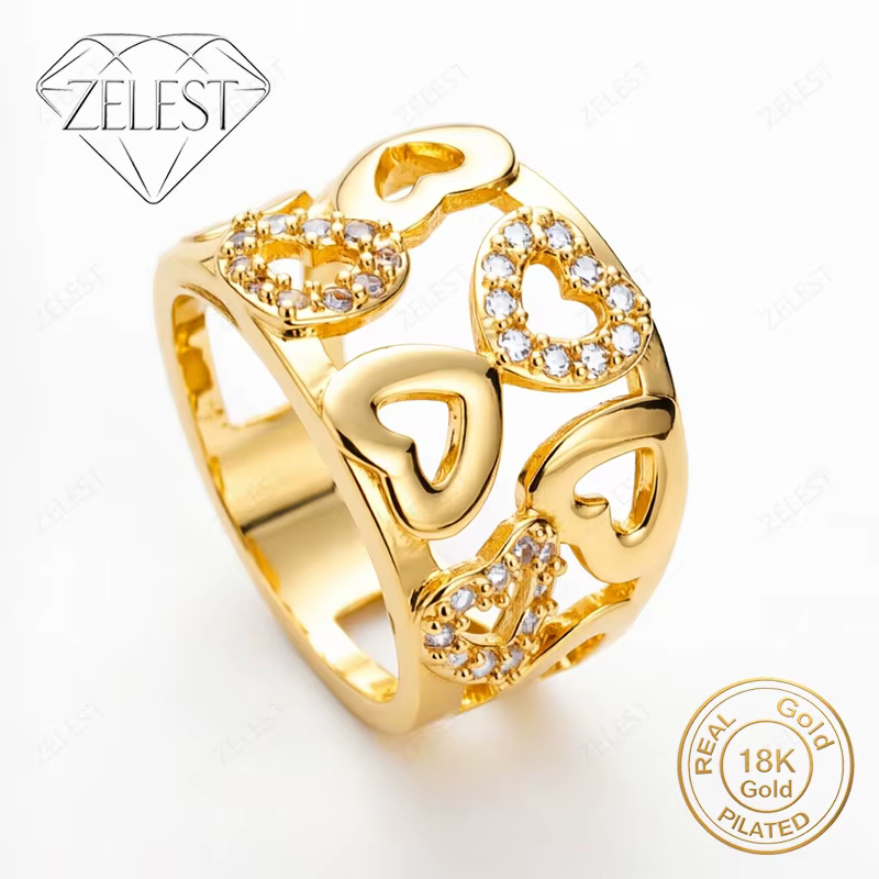 Argent 925 plaqué or 18 carats 8 #   Bague en zircone en forme de cœur creux pour femme, accessoires