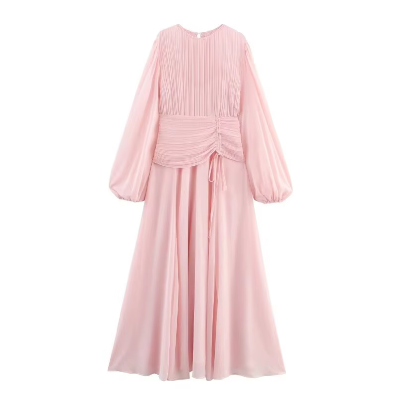 Robe maxi élégante rose printemps pour femmes |   Robe fluide à manches bouffantes, taille froncée e