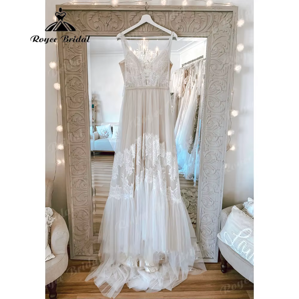 Roycebridal-Robe de mariée en dentelle, style bohème, décolletée plongeante en V, dos nu, pour les p
