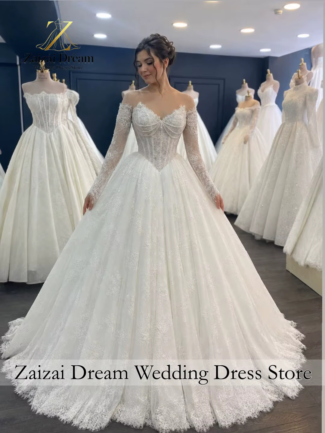 Robe de mariée personnalisée en dentelle de perles exquise, épaules dénudées, manches longues, robe 