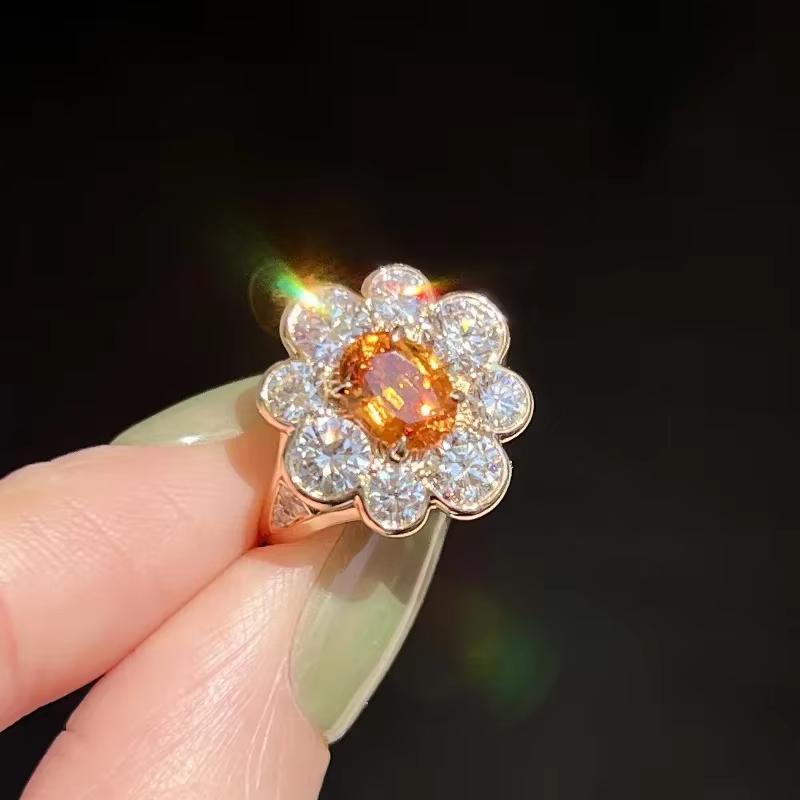 Bagues ovales en forme de fleur de rubis orange pour femmes, luxe léger et de haute qualité, breloqu