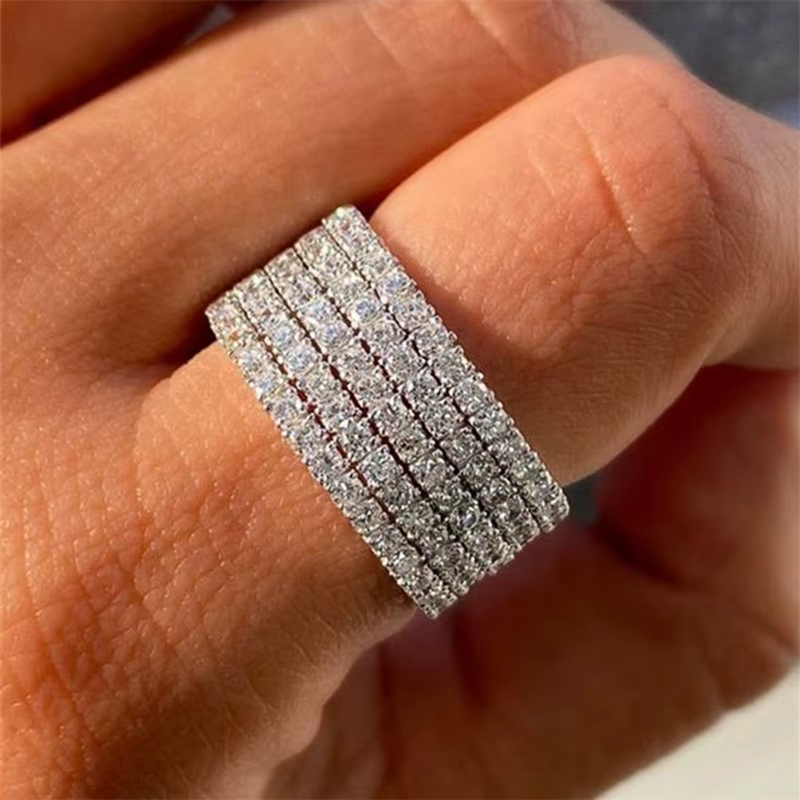 Bague de Fiançailles en Argent avec Cinq Rangées de Diamants, Bijoux Cadeaux pour Femme