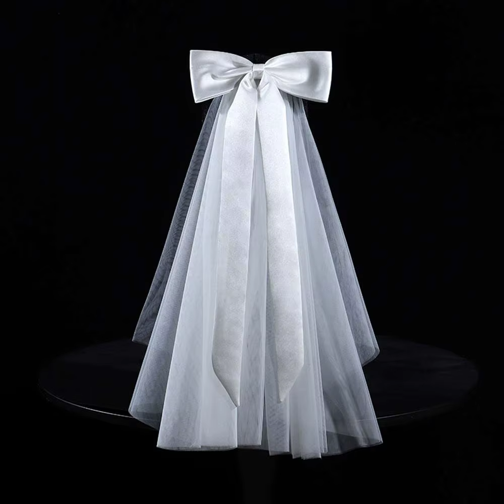 Beau châle Long en Satin avec nœud, voile romantique monocouche, couvre-chef blanc pour mariée, Tull