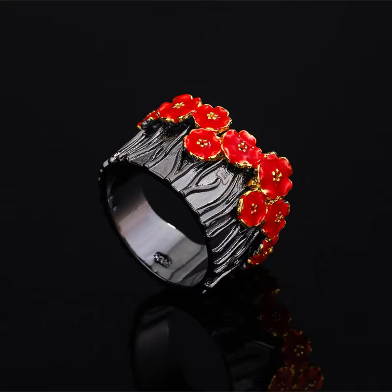 Bague de fiançailles en or noir pour femmes, bijoux exquis, élégant, fleur rouge, à la mode, en émai