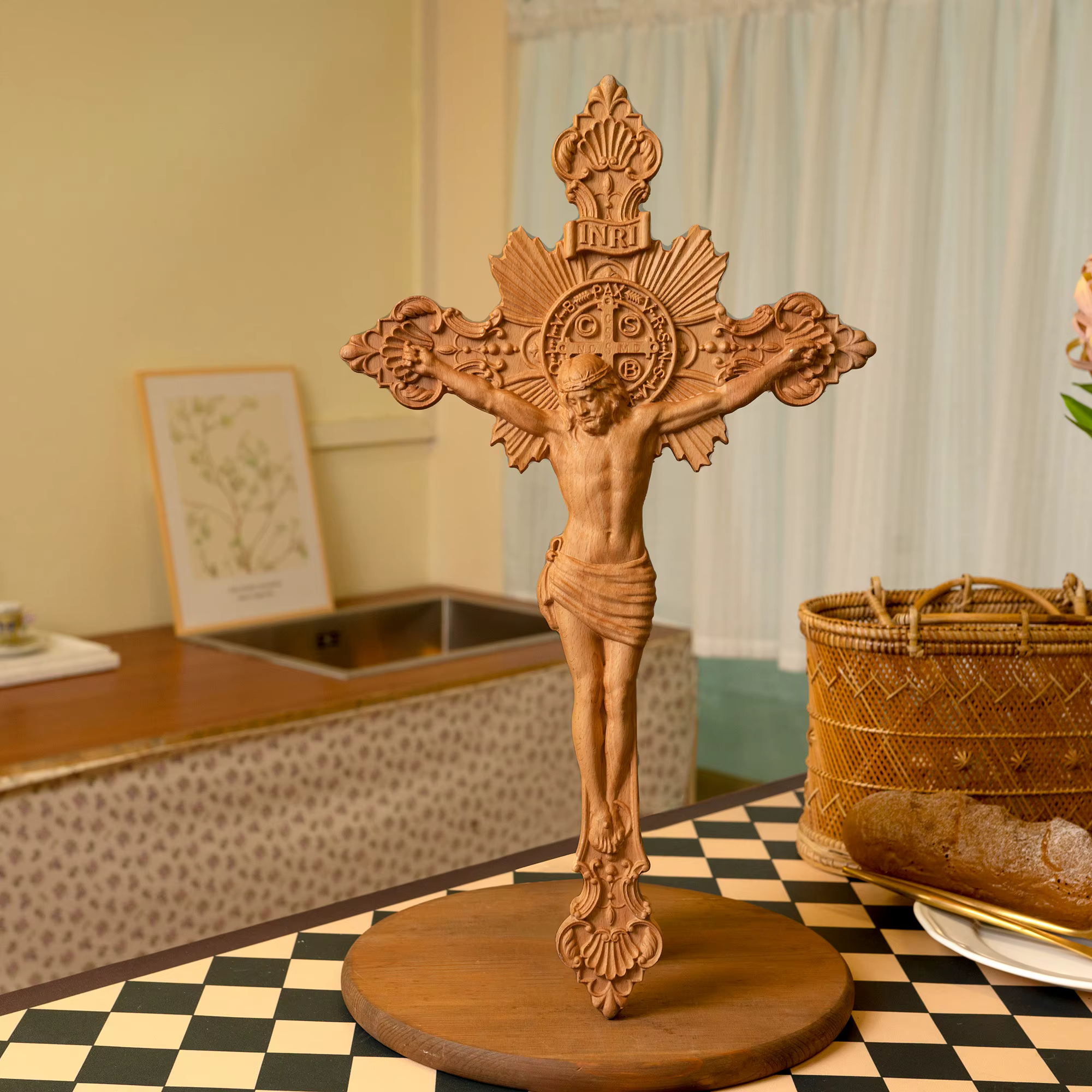 Sculpture sur bois de croix d'exorcisme de saint benoît, prière d'autel catholique, croix en bois, a
