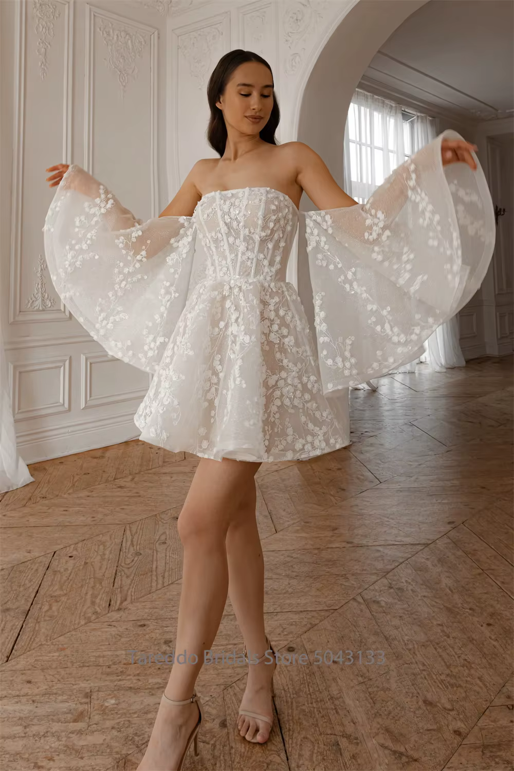 Robe de mariée deux pièces personnalisée, manches papillon, dentelle et paillettes éblouissantes, ro