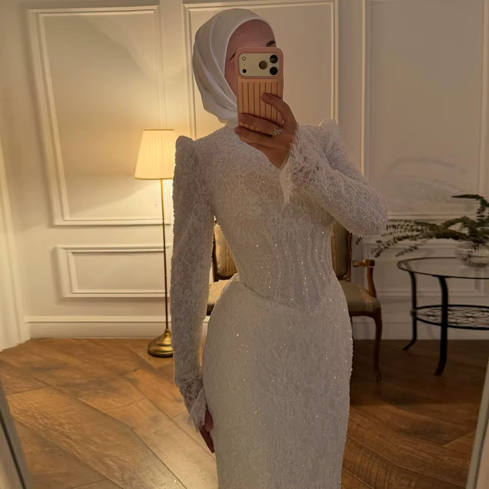 Robe de mariée arabe Eightale, col haut, manches longues, dentelle personnalisée, robe de mariée sir