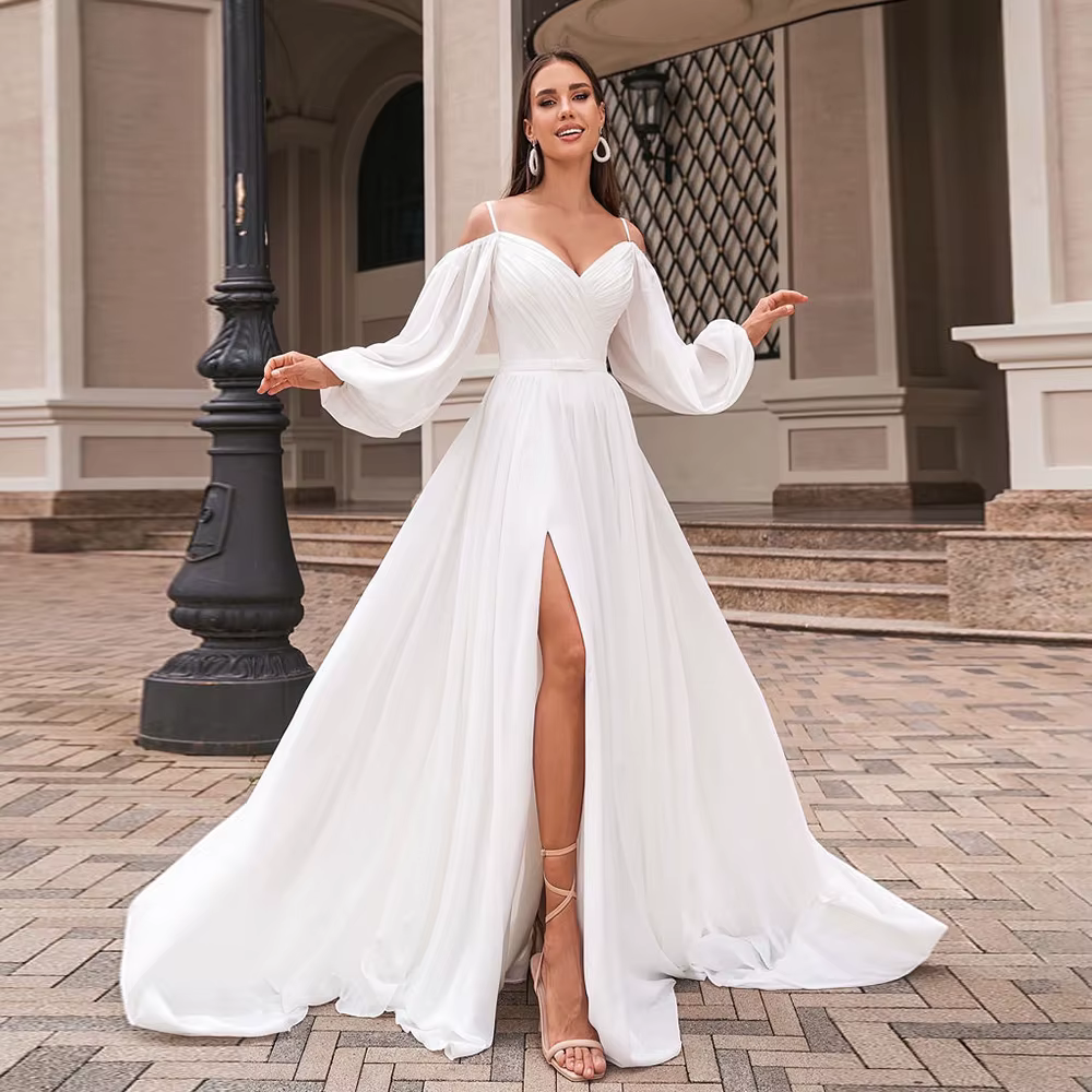 Robe de mariée élégante à bretelles spaghetti pour femmes, manches longues, patients, quoi que ce so