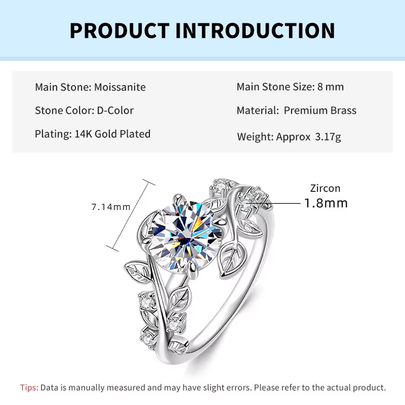 Bague de fiançailles Rrjzz Solitaire 2CT en moissanite ronde taille D couleur VVS1, certifiée, imita