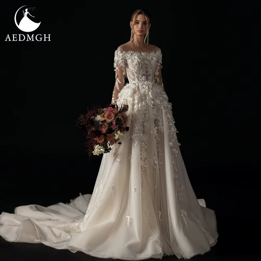 Aedmgh-Robes de mariée élégantes A-Line, col bateau, manches longues, appliques en dentelle, fleurs,