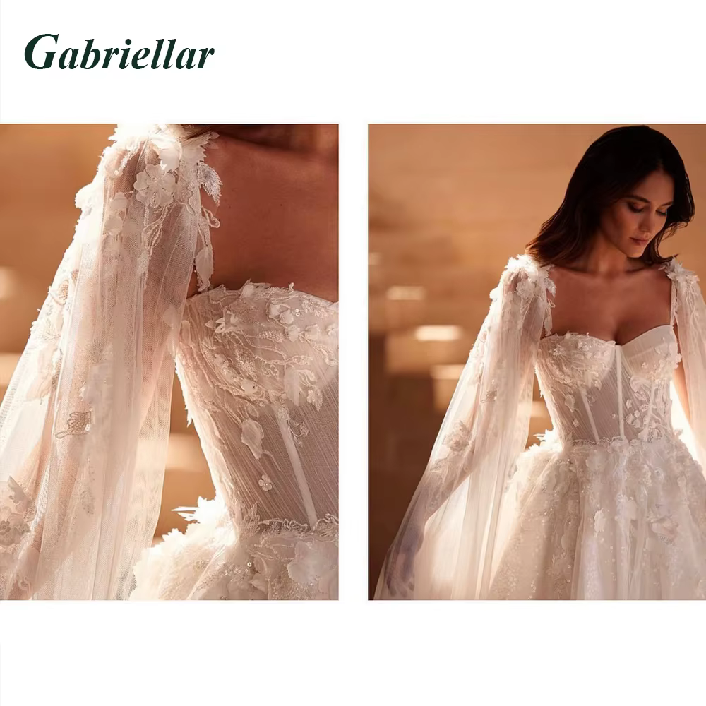 Gabriellar élégant dentelle robes de mariée Appliques bretelles a-ligne châle luxe cape chérie robe 