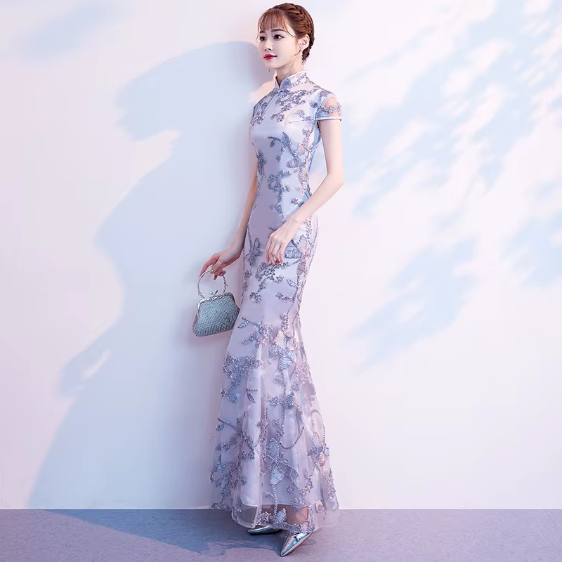 Robe longue en dentelle Cheongsam grise pour femme, robe de soirée traditionnelle chinoise, Cheongsa