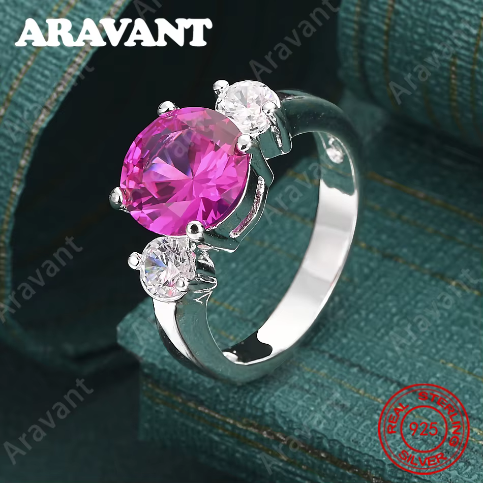 Bague en argent sterling 925 avec zircone ronde rose - Bijoux de mariage exquis et mignons pour femm