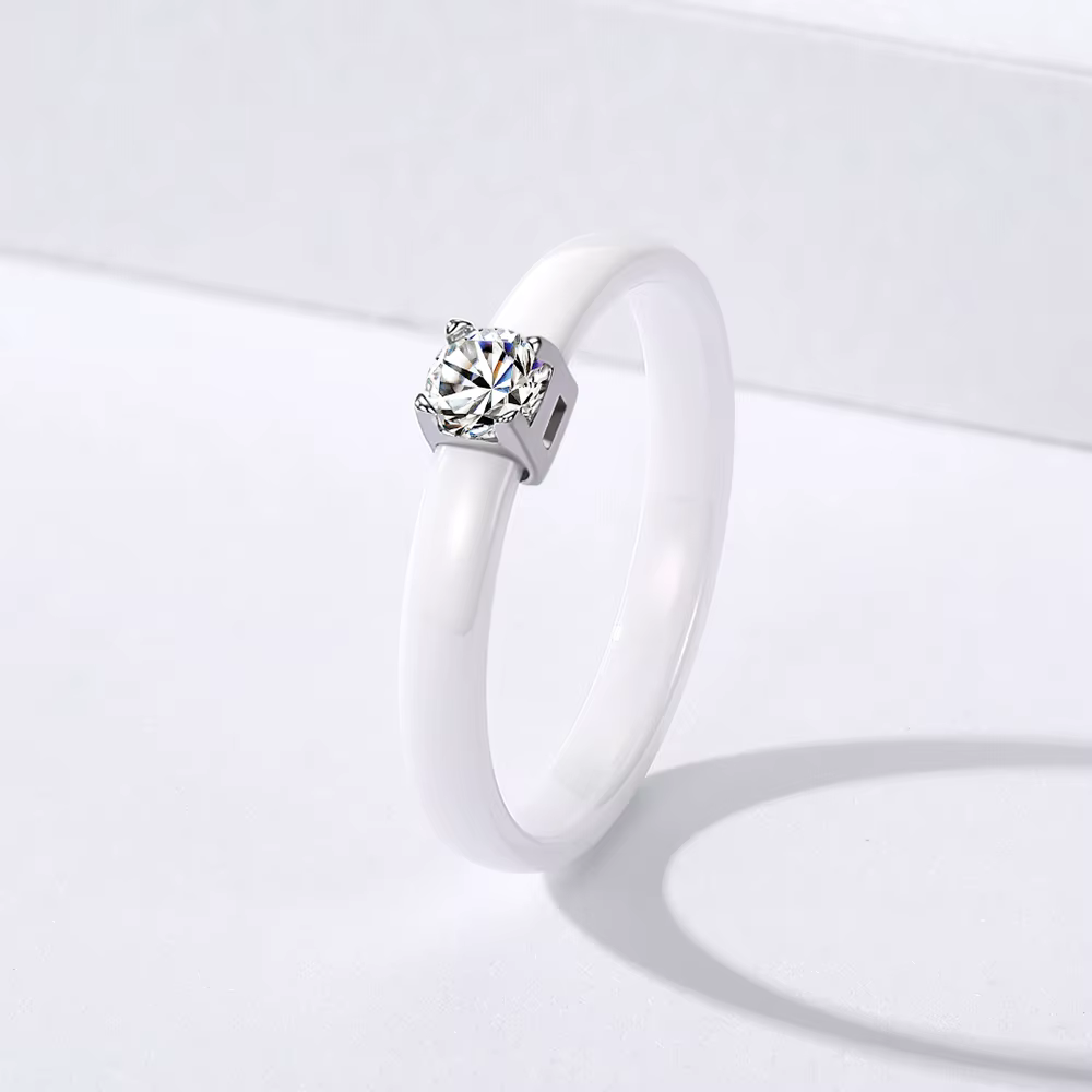Bague en Céramique Noire Blanche avec Moissanite 0.25ct pour Femme Bague de Fiançailles Alliance Mar