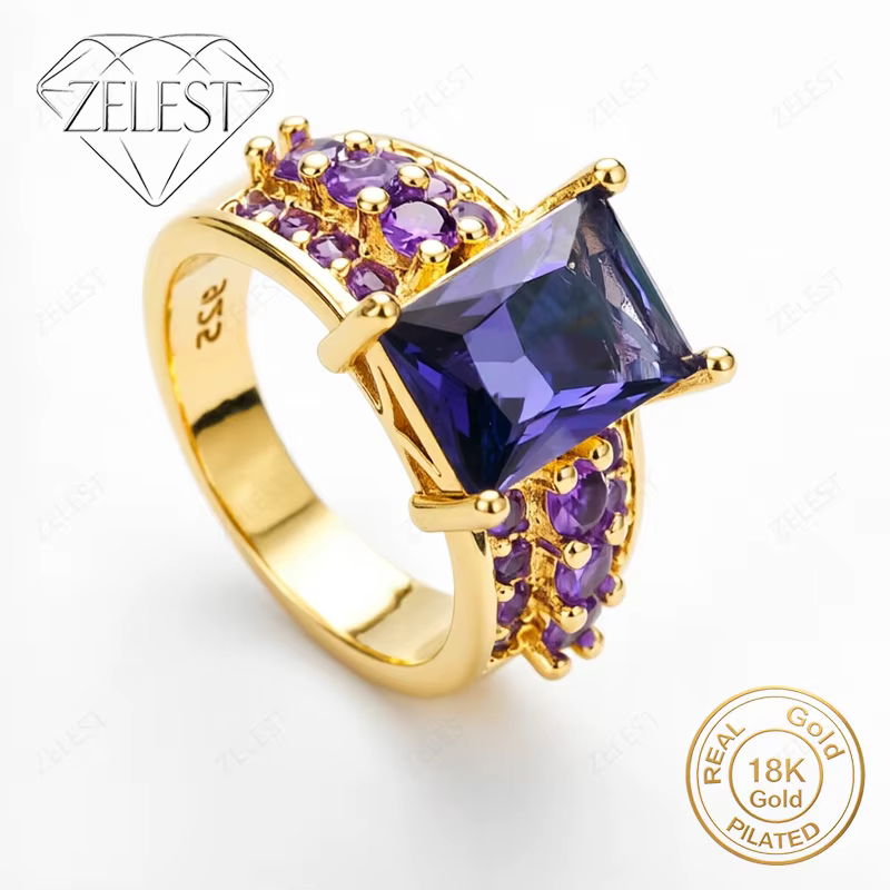 Bague en argent sterling 925 plaqué or 18 carats avec zircon cubique violet exquis pour femme - Acce