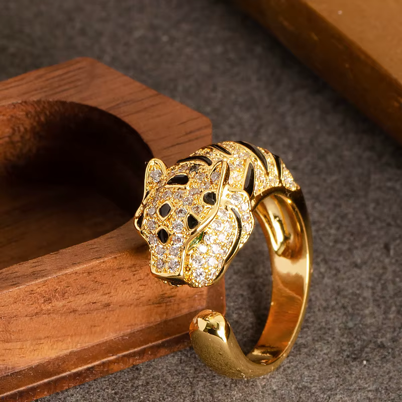 Bague ouverte réglable tête de léopard imposante en zircon incrusté de diamants, bijou de luxe léger