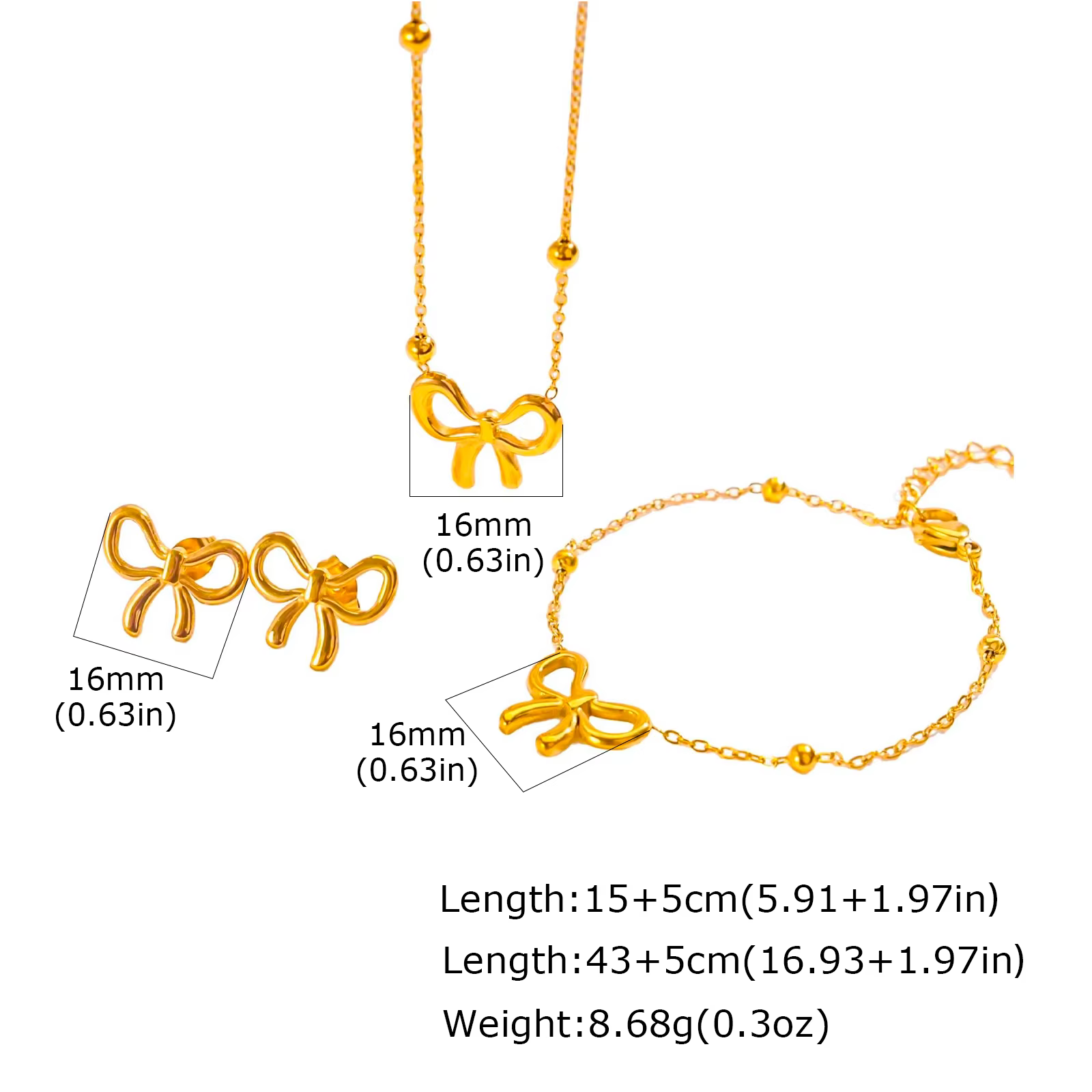 Ensemble de bijoux en acier inoxydable avec nœud papillon, sans ternissement, collier, bracelet et b