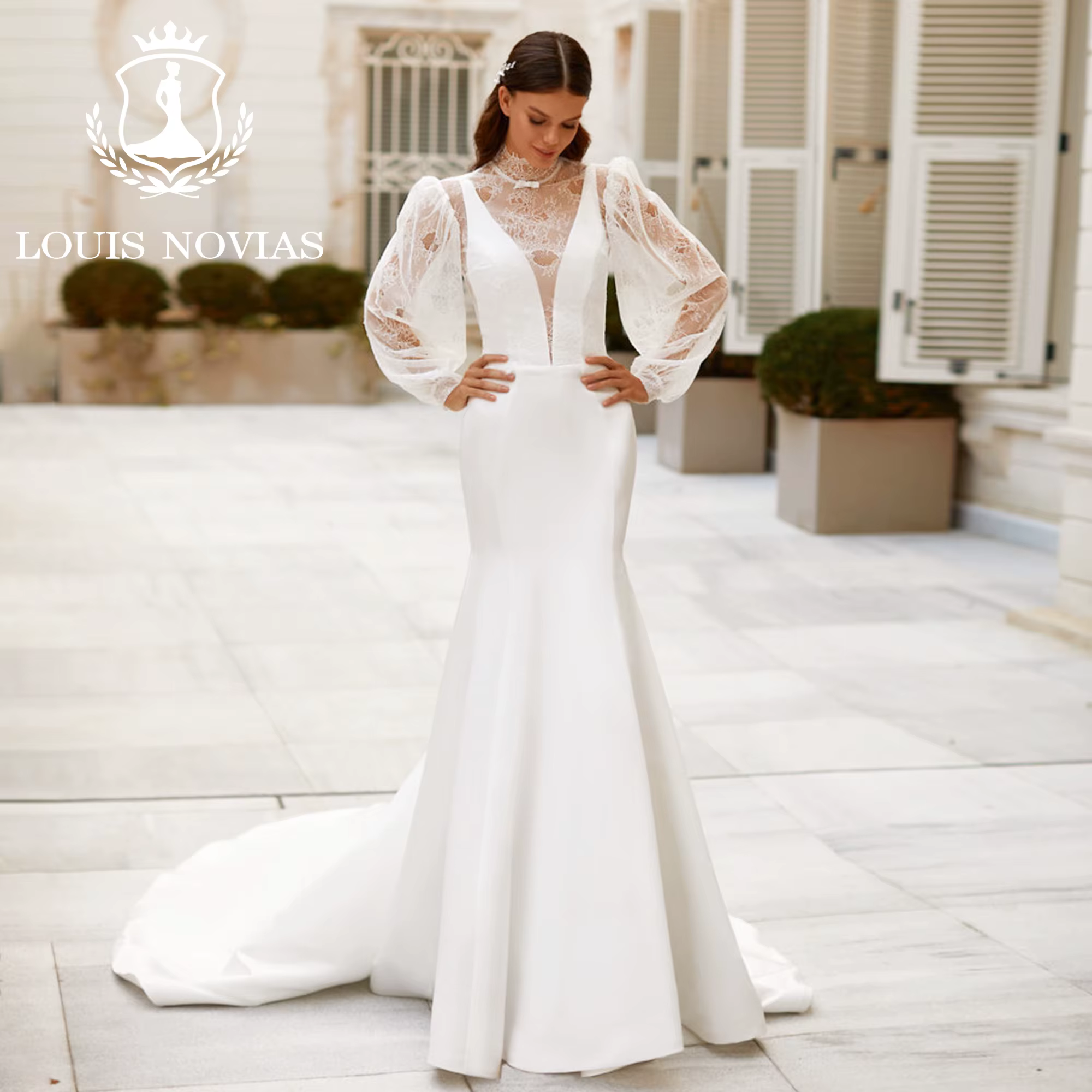 Modiis-Robe de mariée sirène avec veste, robe de mariée en satin, plissé dos nu, décolleté en V prof