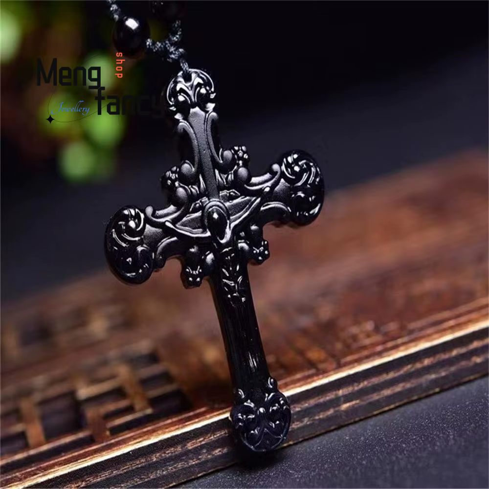 Pendentif croix en obsidienne naturelle, breloques à la mode, bijoux fins, graveur, amulette personn