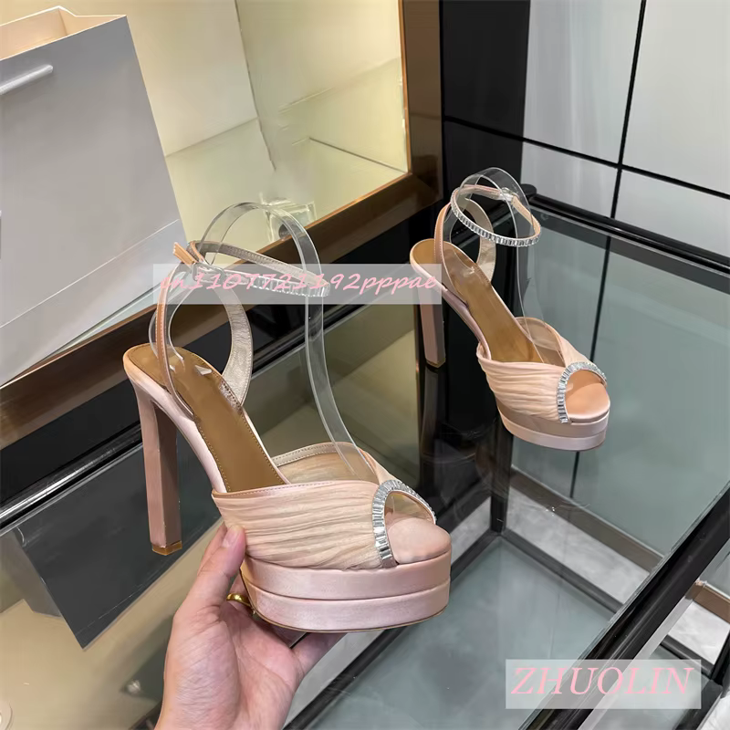 Chaussures à plateforme Double couche en Satin strass pour femmes, bout ouvert, talon épais, sangle 