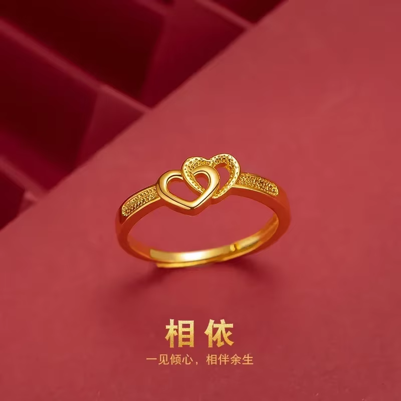 Bague pour femme Goldpure Double Cœur en or véritable 24K 9999, style japonais et coréen, ajustable,