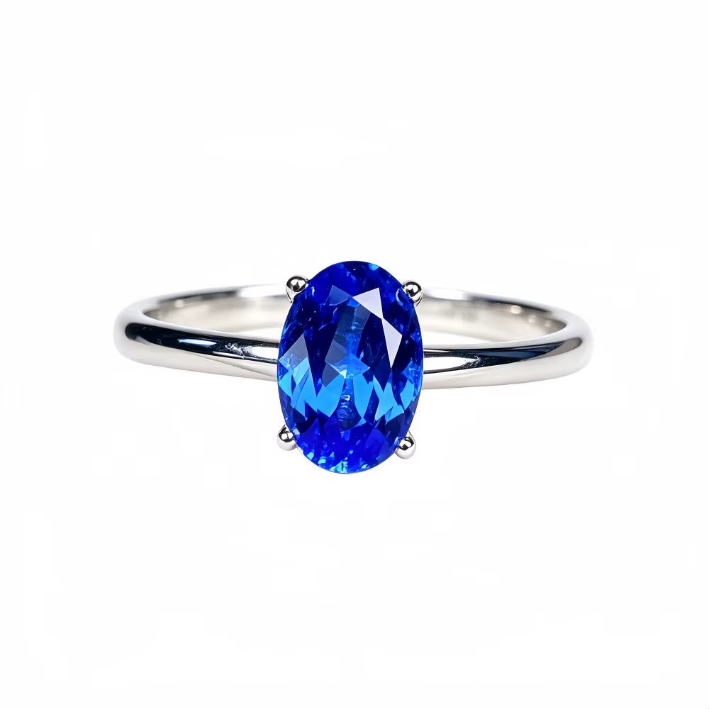 Bague en or blanc massif 14 carats AU585, 1CT, forme ovale bleue, bague de fiançailles en diamant fi