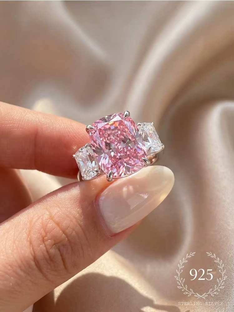 Bague rectangulaire rose à quatre griffes en argent Sterling 925, avec trois zircons, pour femmes, f