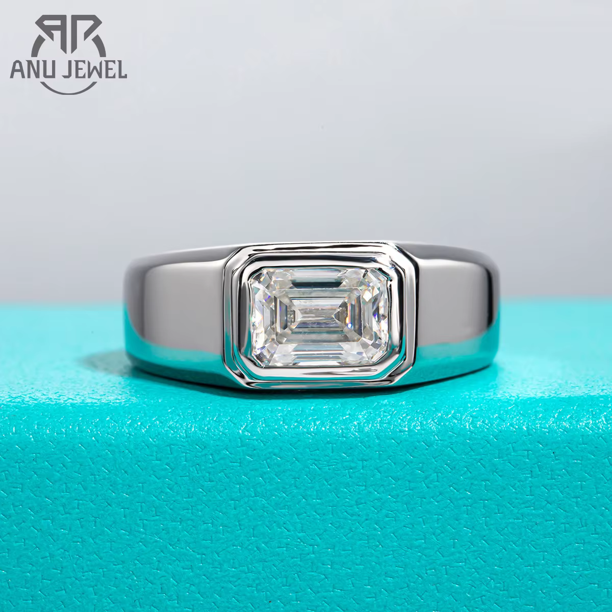 AnuJewel 2ct D Couleur Émeraude Moissanite Hommes Bague En Argent Sterling 925 Plaqué Or 18K Bagues 
