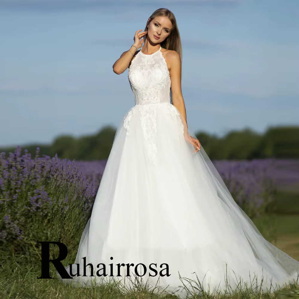 Ruhair Chic Robe De mariée pour femmes a-ligne licou sans manches fermeture éclair Appliques Tulle R