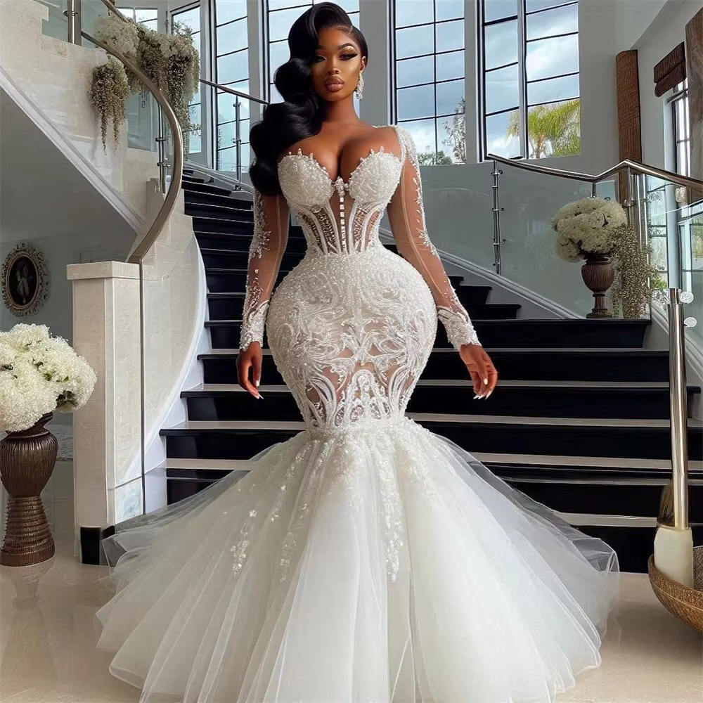 Robes de mariée africaines en dentelle pour filles noires, manches longues, perles Aso Ebi, robes de