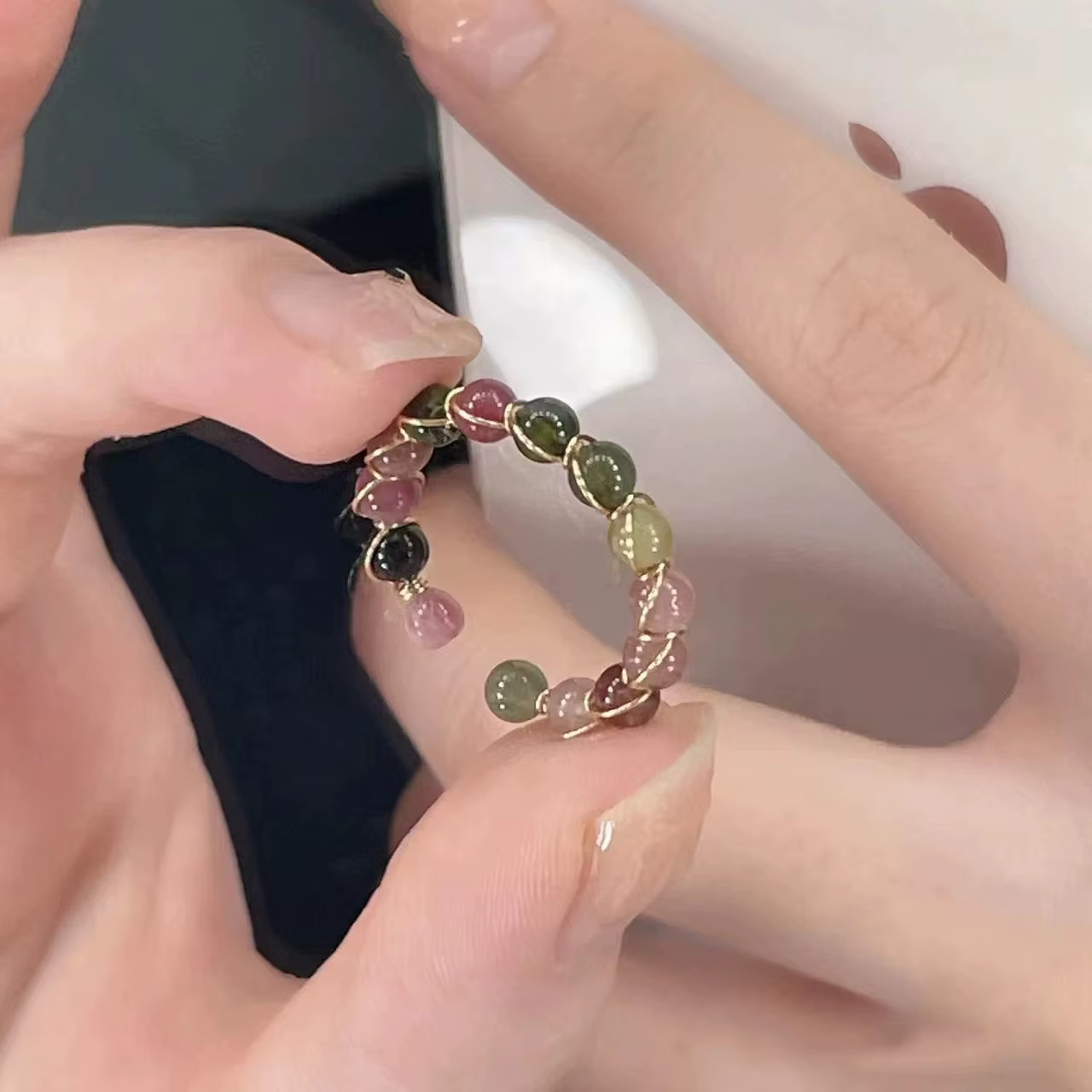 Colorful Tourmaline Ring for Women Fashion Retro Handmade Metal Wire Winding Beaded Open Adjustable