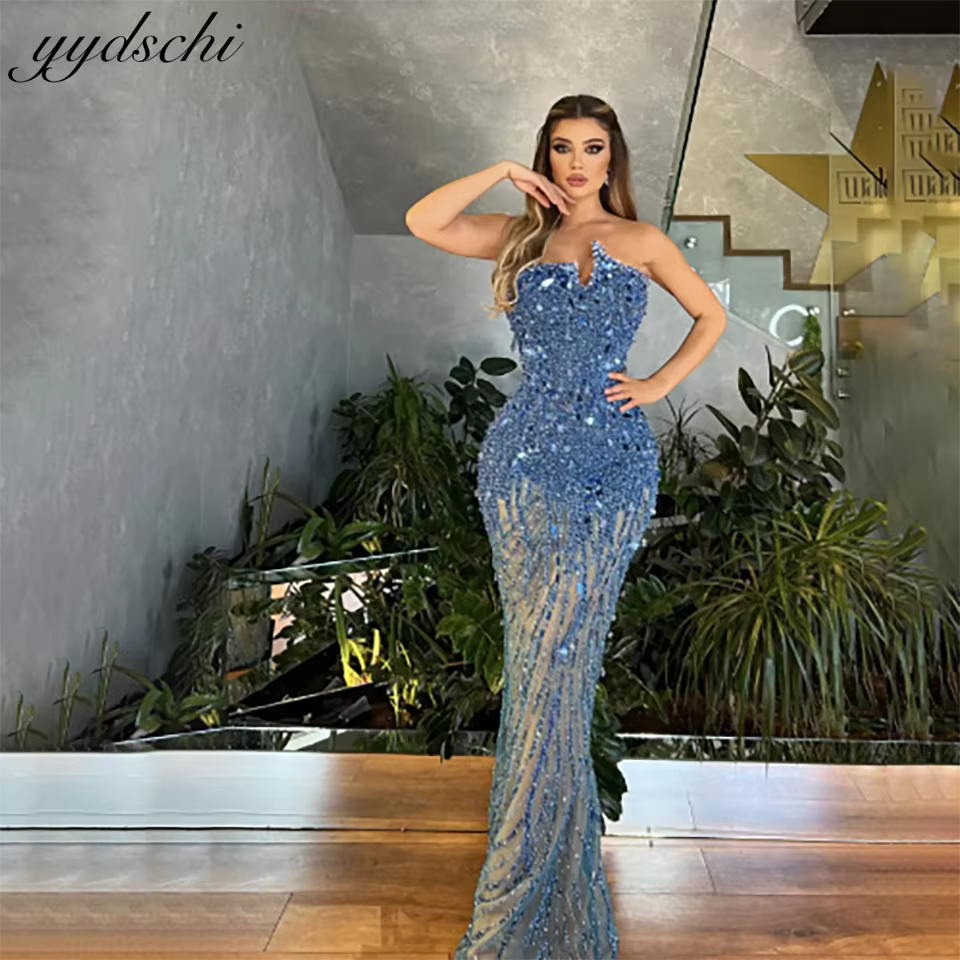 Robe de mariée sirène personnalisée bleu poudré à sequins et perles, décolleté cœur, sans bretelles,