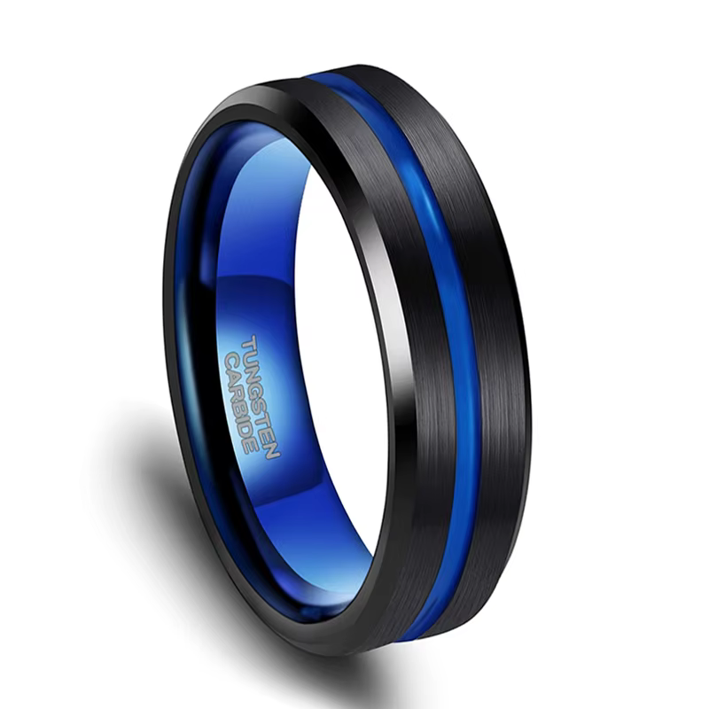 Somen hommes Bague de mariage 6/8/10mm tungstène noir avec rainure bleue/à l'intérieur mat brossé Ba